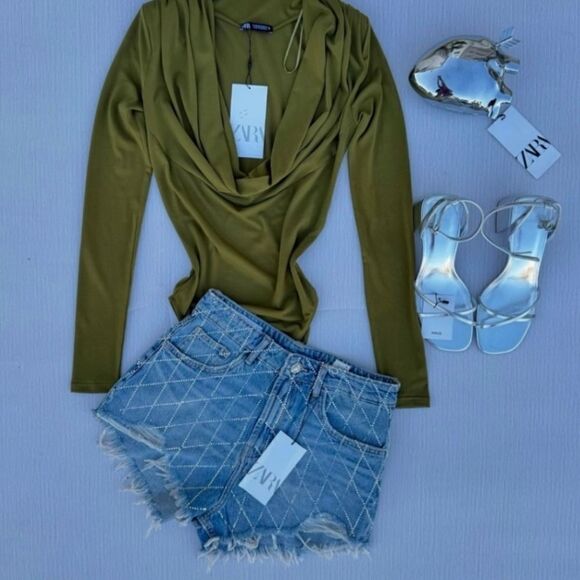 ZARA TRF RHINESTONE CURVED SHORTS - Picture 8 of 9